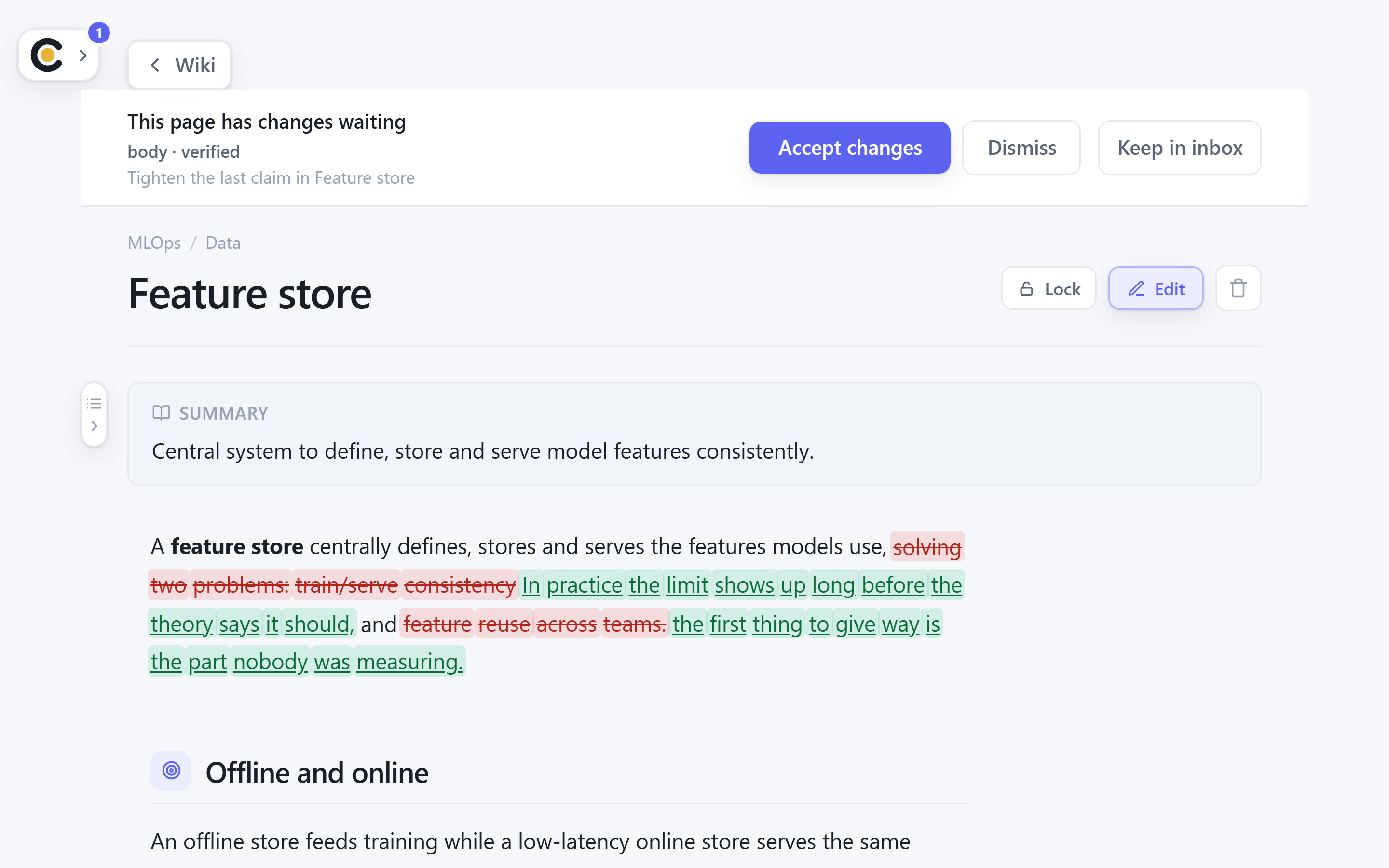 Eigma's review inbox showing a proposed change beside the page as it stands